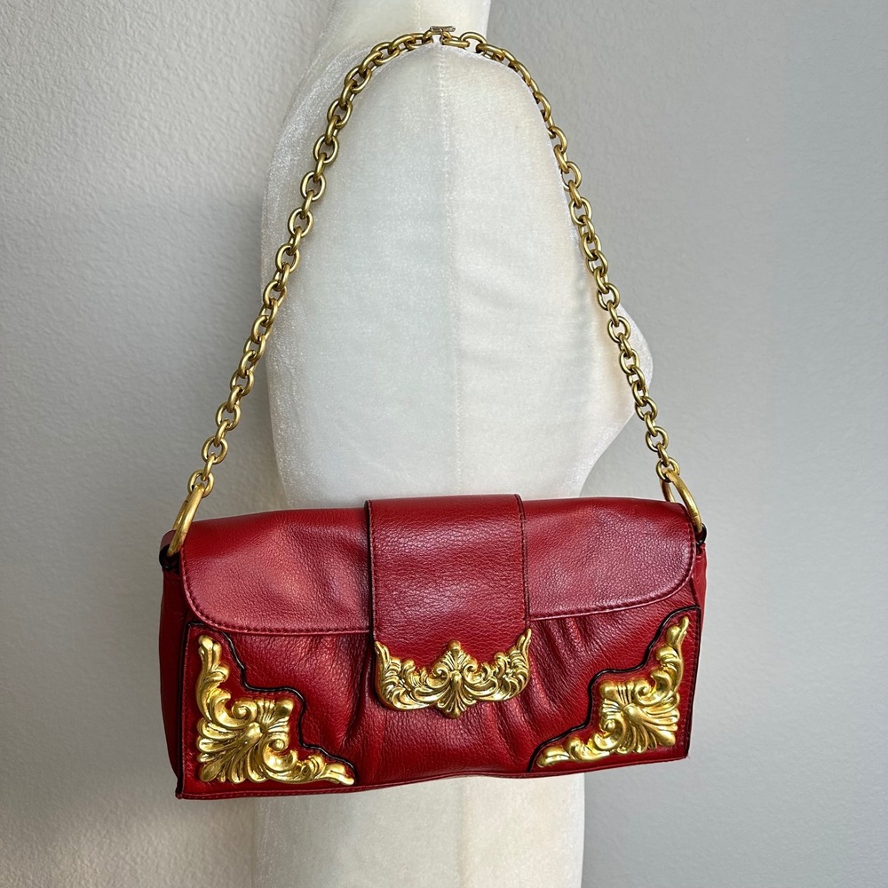 Adrienne Vittadini Red Leather Shoulder Bag Gold Baroque Hardware Chain Strap